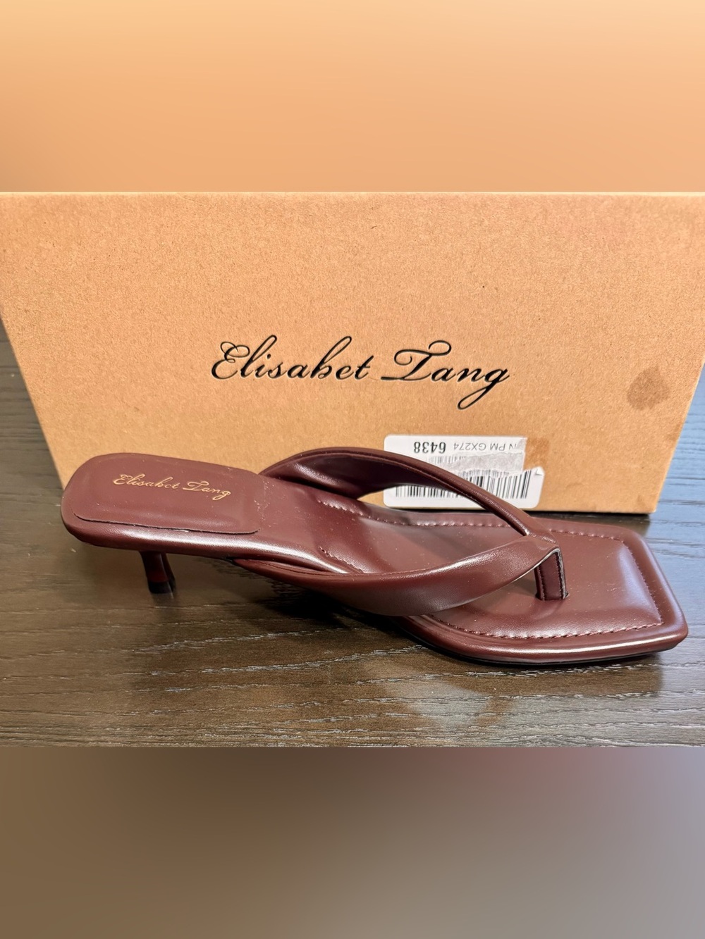 Elisabet Tang Women’s Size 8 Coffee Brown Kitten Heel Thong Sandals Square Toe